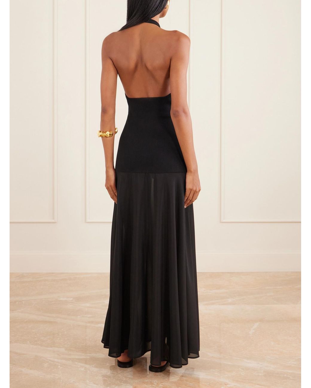 St. Agni Black Circle Mesh And Crepe Halterneck Maxi Dress