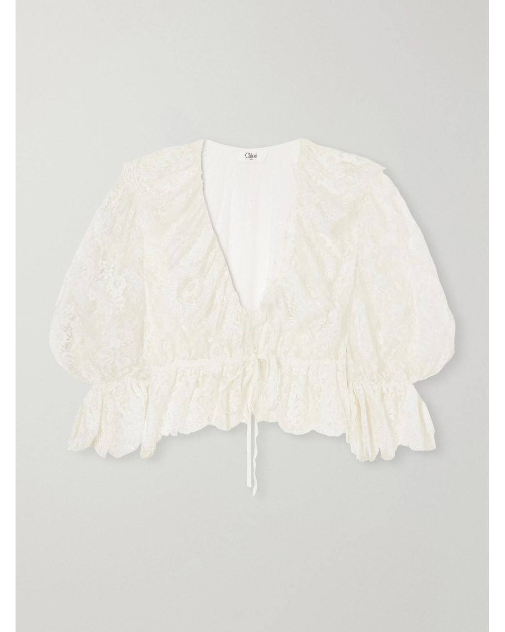 Chloé Natural Cropped Embellished Ruffled Broderie Anglaise Cotton-Blend Top