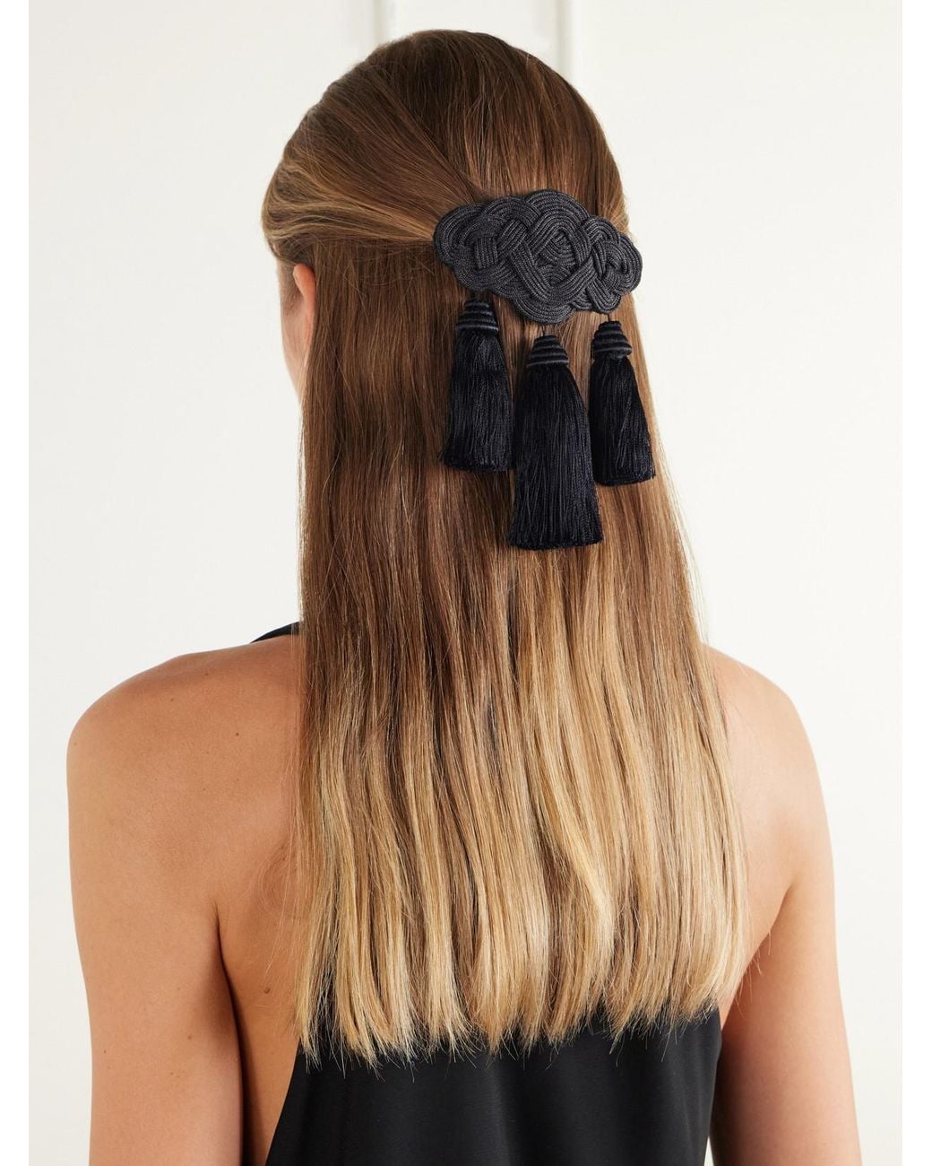 Jennifer Behr Black Olga Tasseled Embroidered Silk Hairclip