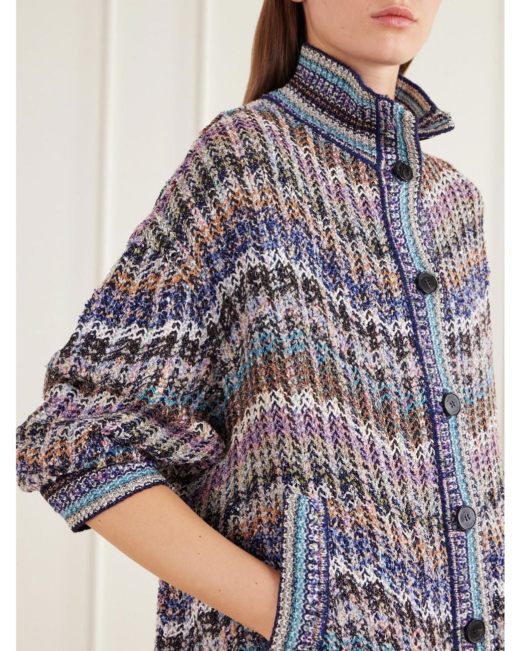 Missoni Gray Striped Metallic Crochet-Knit Cardigan