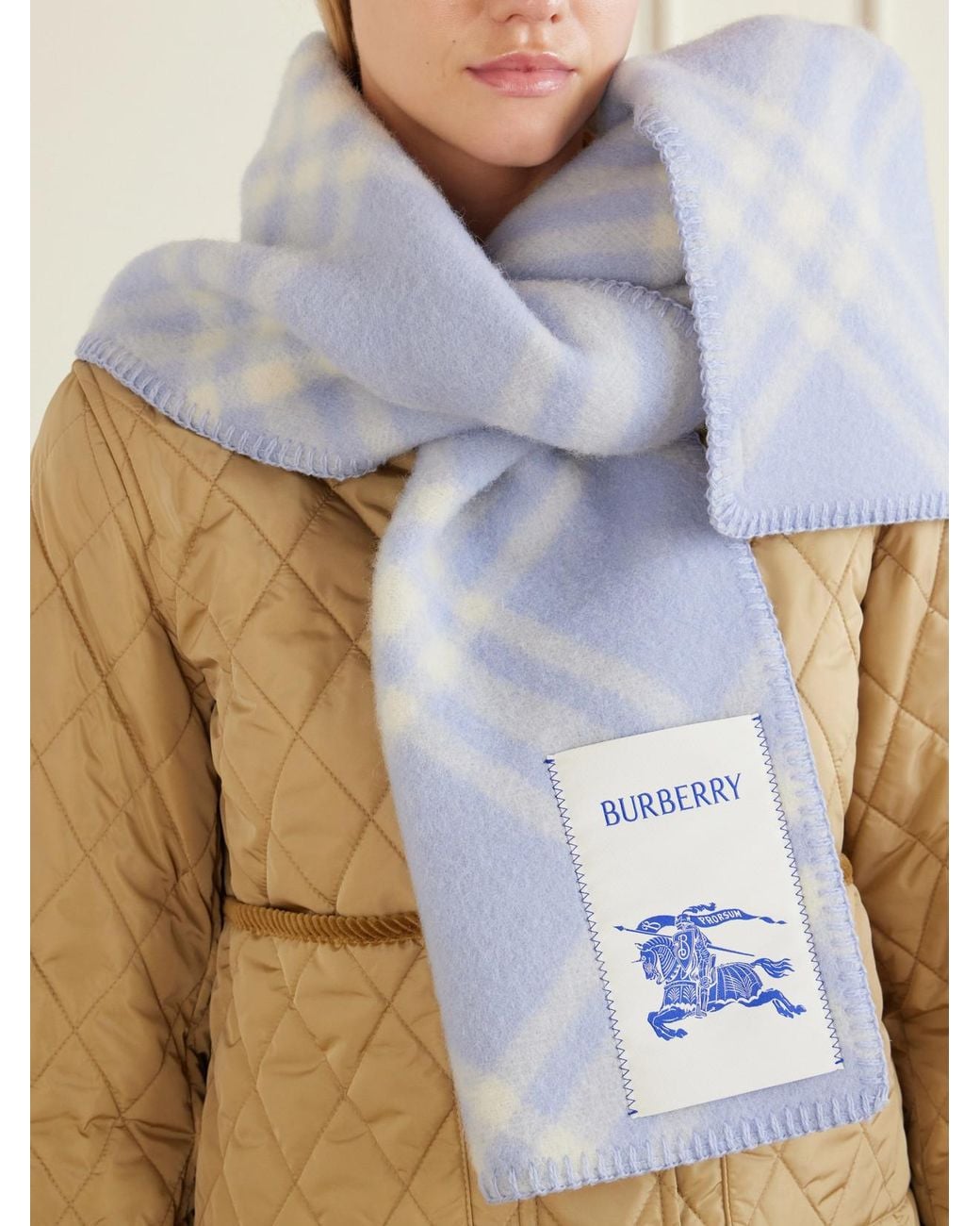 Burberry Blue Logo-Appliquéd Checked Wool Scarf