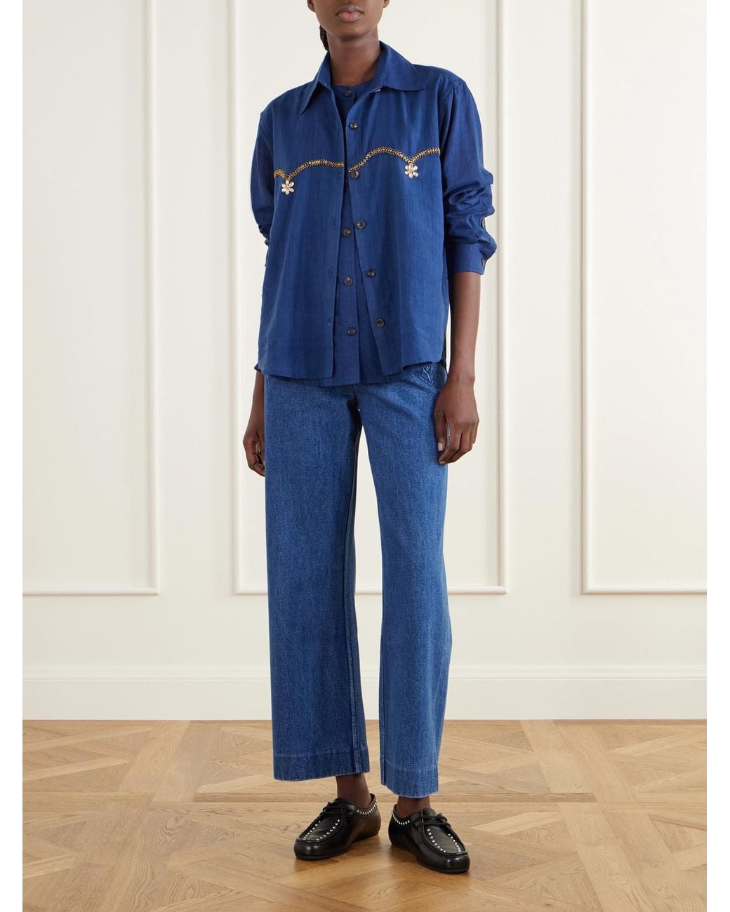 Kartik Research Blue Bead-Embellished Layered Striped Cotton Shirt