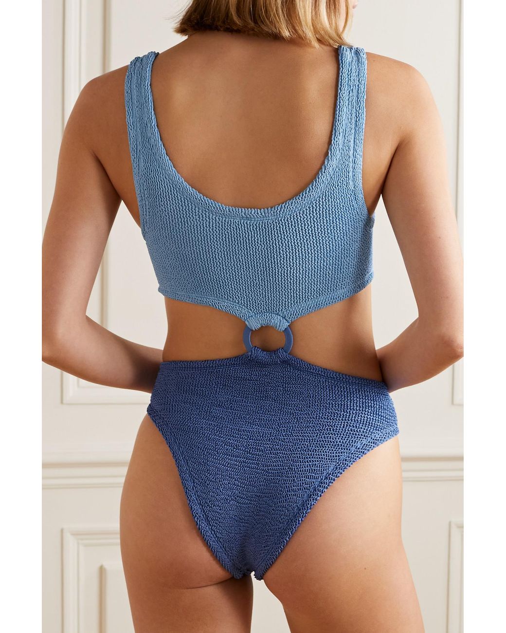 Hunza G Paige Cutout Embellished Two-tone Seersucker Swimsuit in Blue |  Lyst UK