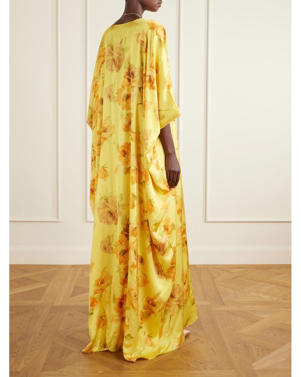 Dima Ayad Yellow Floral-Print Satin Gown