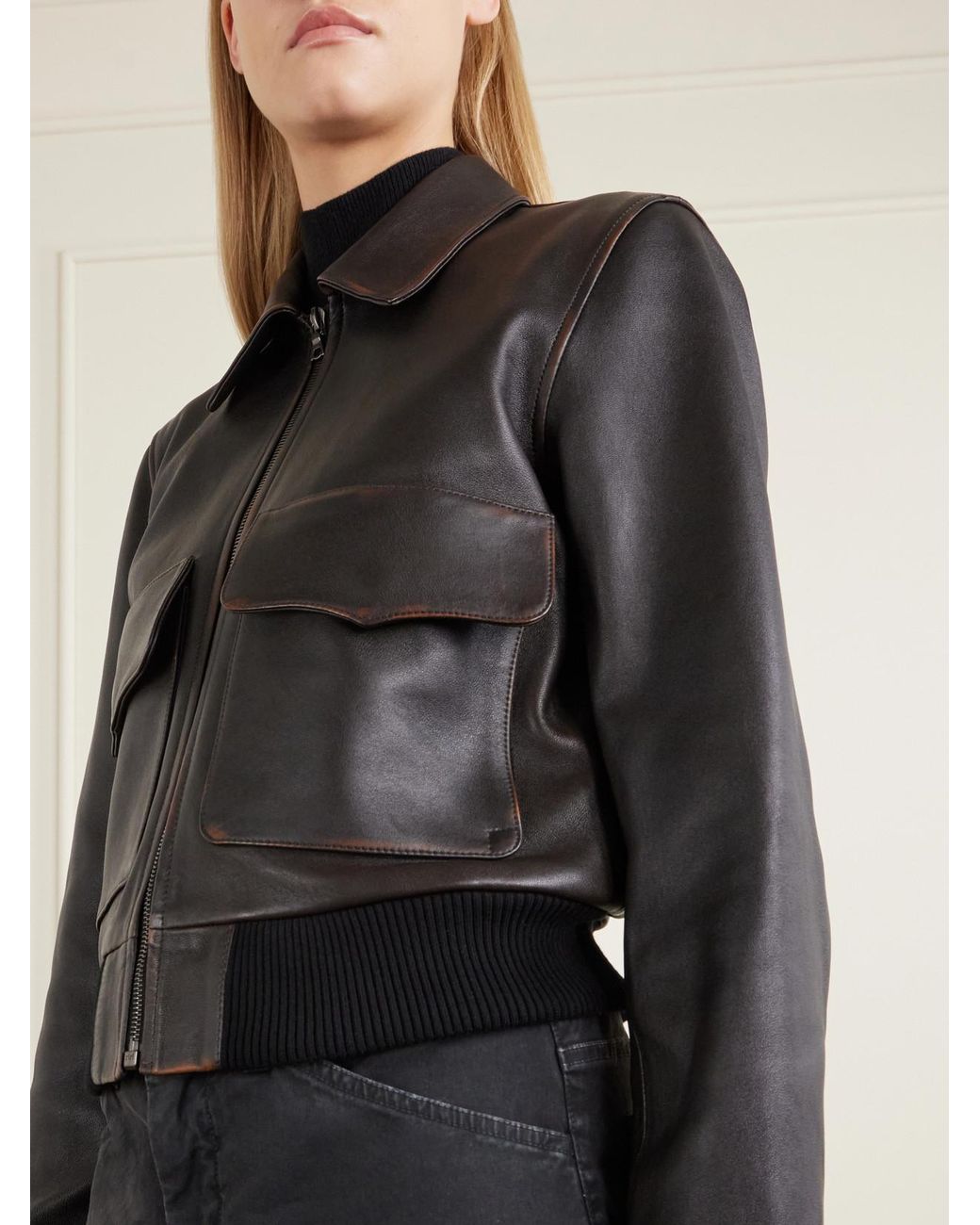 Nili Lotan Black Redley Rib-Trimmed Leather Bomber Jacket