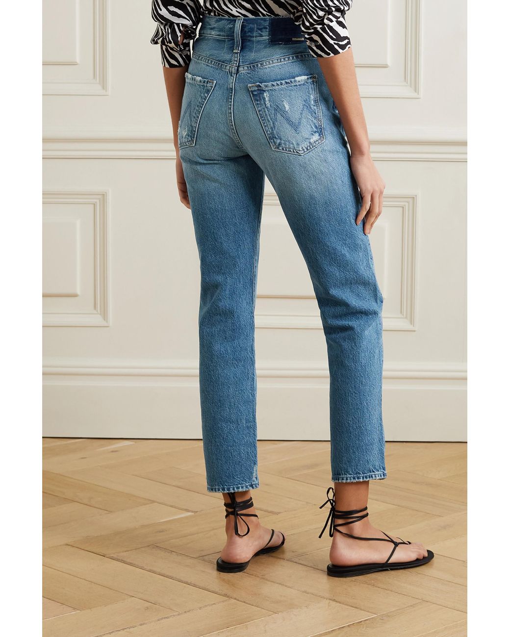 Mother Hiker Hover Distressed High-rise Straight-leg Jeans in Blue 