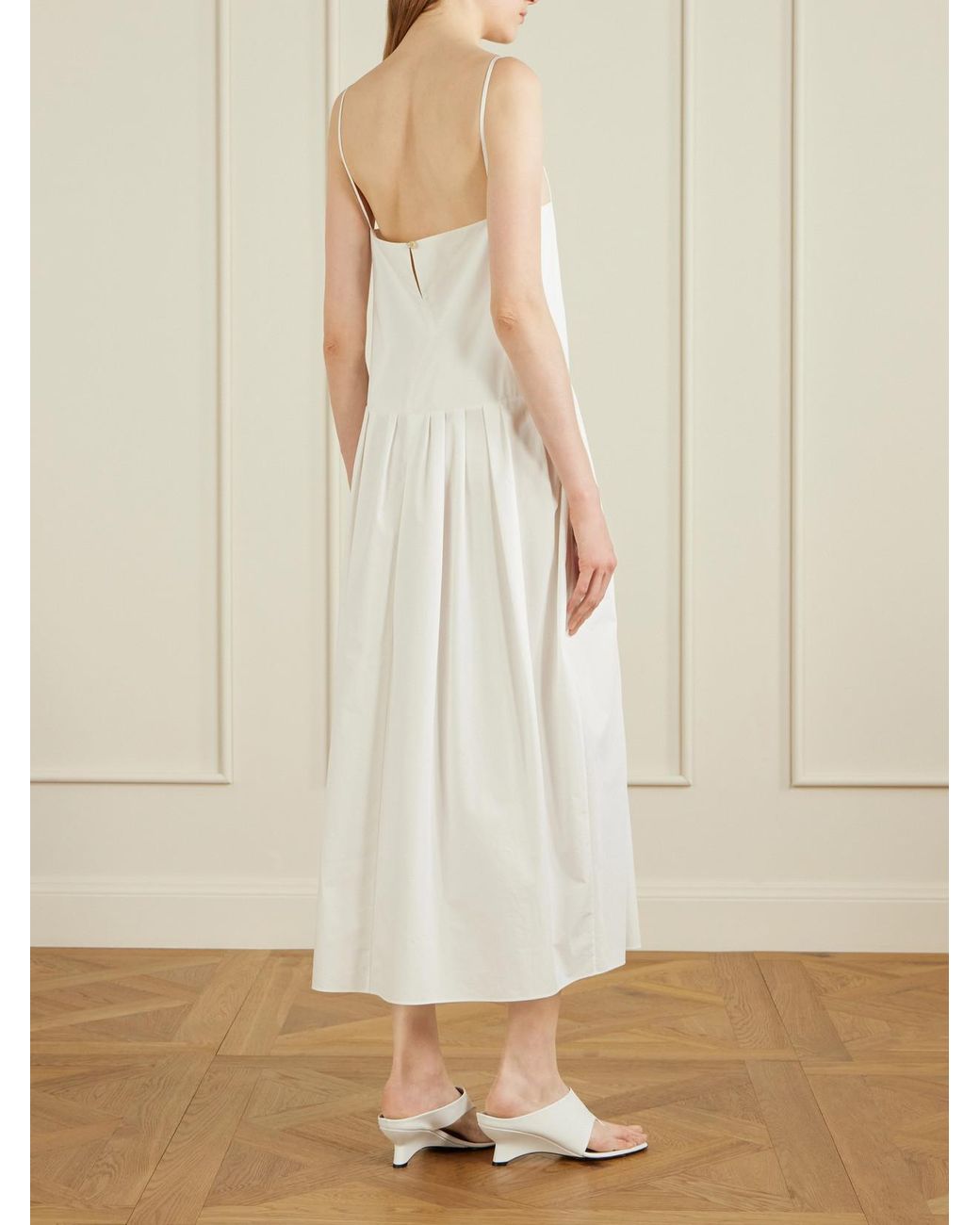 Khaite White Adira Pleated Cotton-Poplin Midi Dress