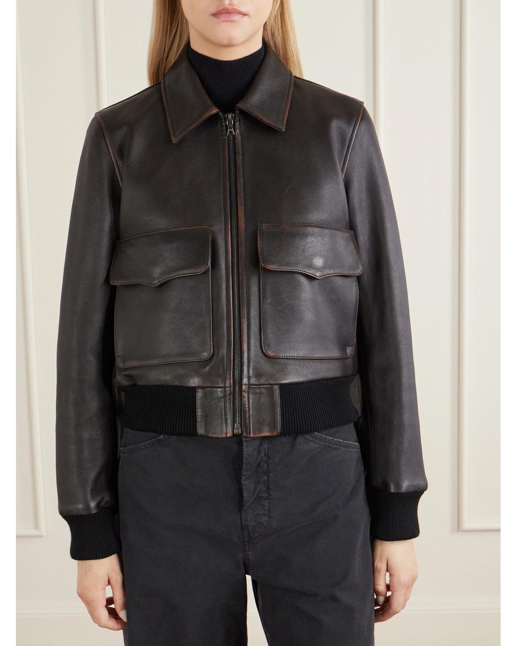 Nili Lotan Black Redley Rib-Trimmed Leather Bomber Jacket