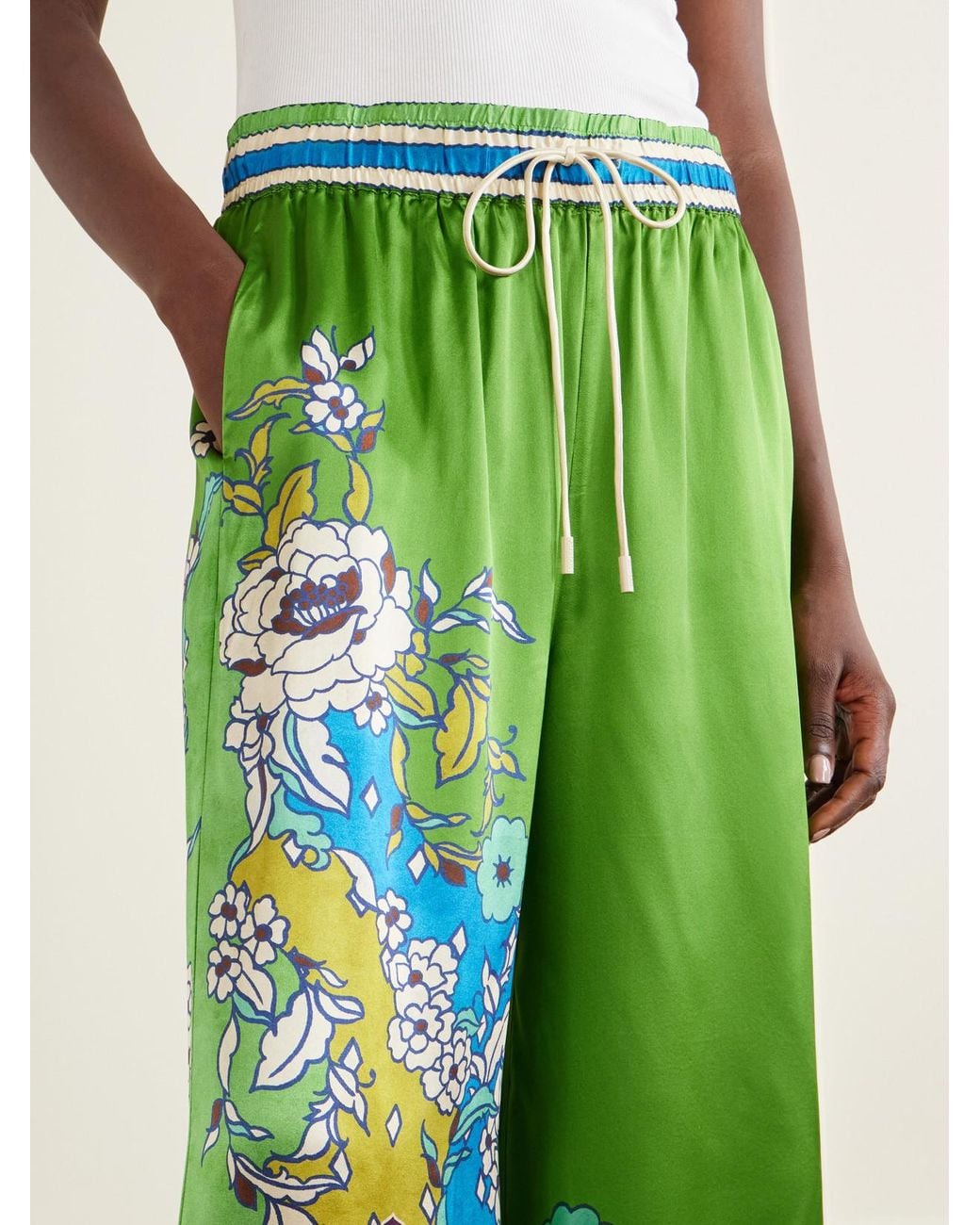 ALÉMAIS Green Nanci Floral-Print Silk-Satn Wide-Leg Pants