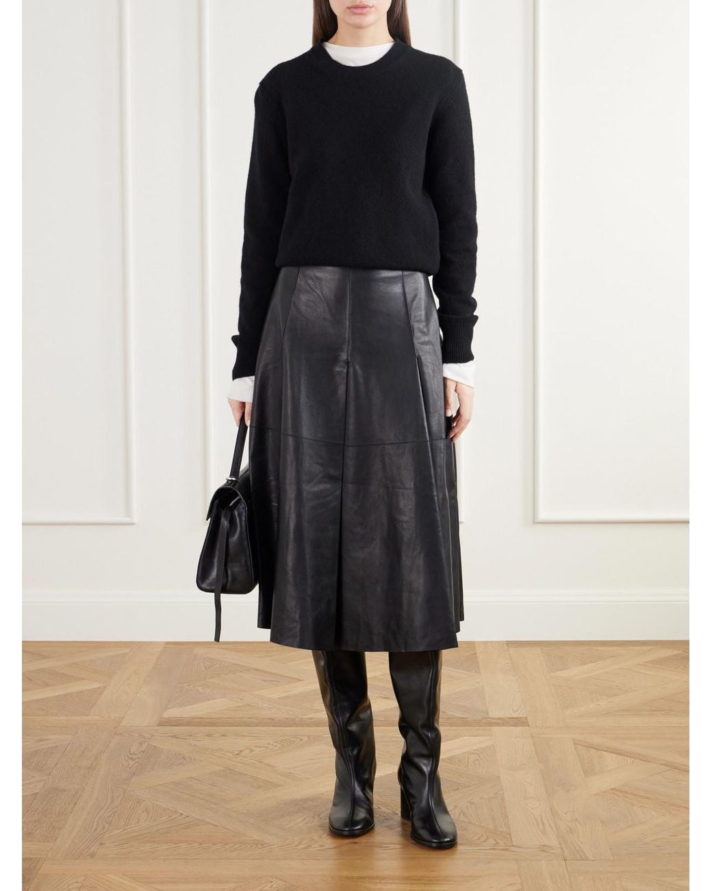 Joseph Black Riya Paneled Pleated Leather Midi Skirt