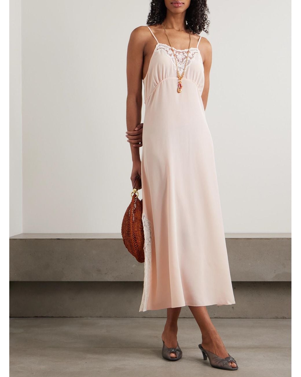 Chloé Pink Lace-Trimmed Silk Crepe De Chine Maxi Dress