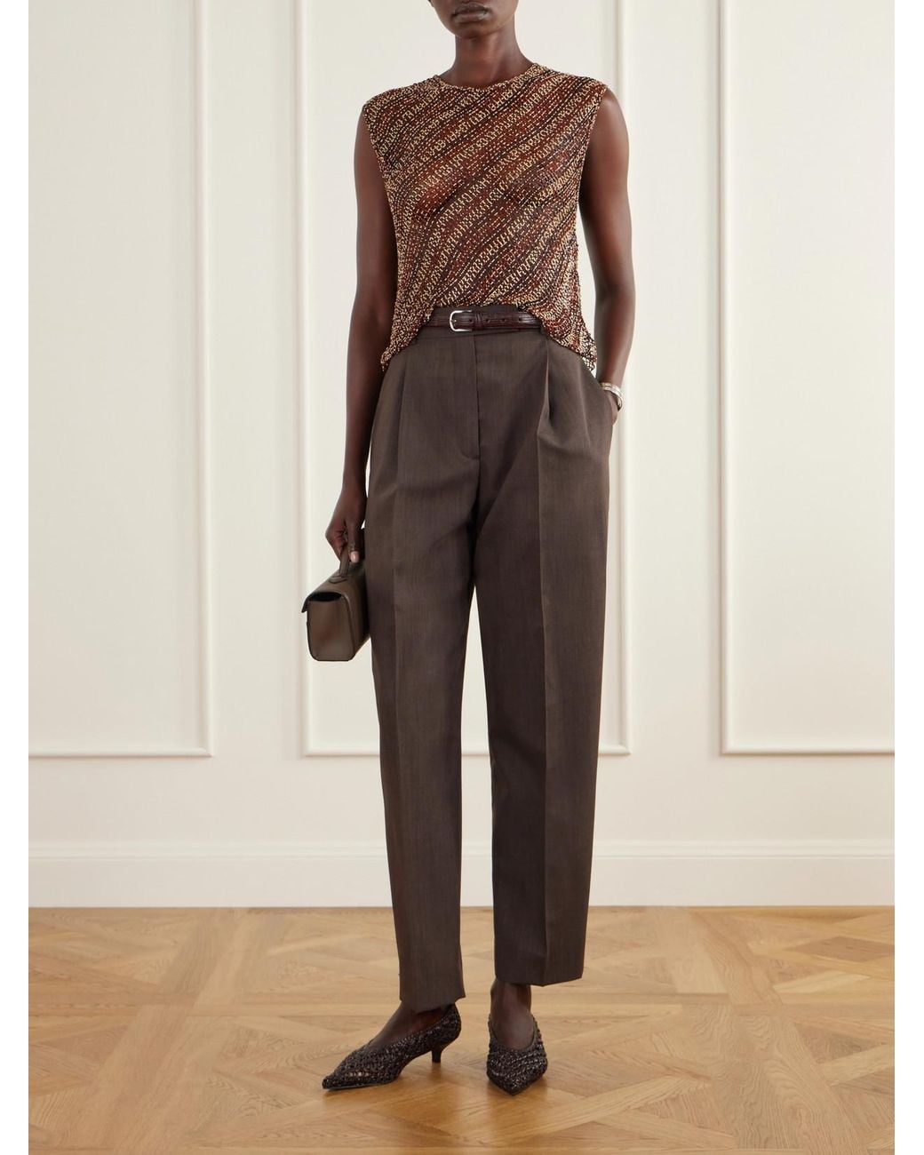 Twp Brown Beaded Open-Knit Tank