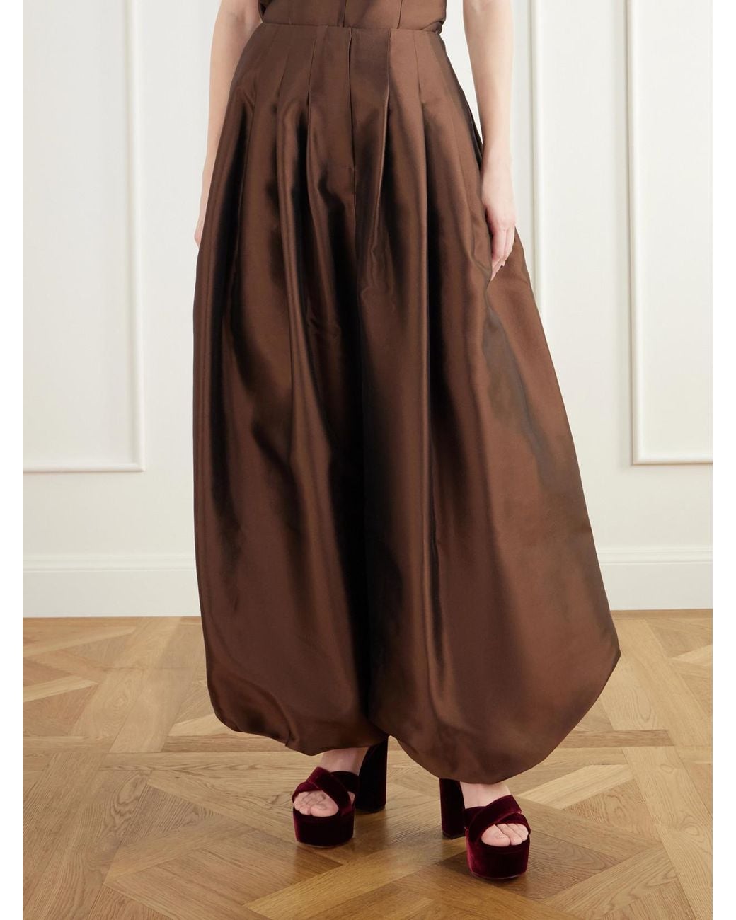 Christopher John Rogers Brown Pleated Silk And Wool-Blend Satin Wide-Leg Pants