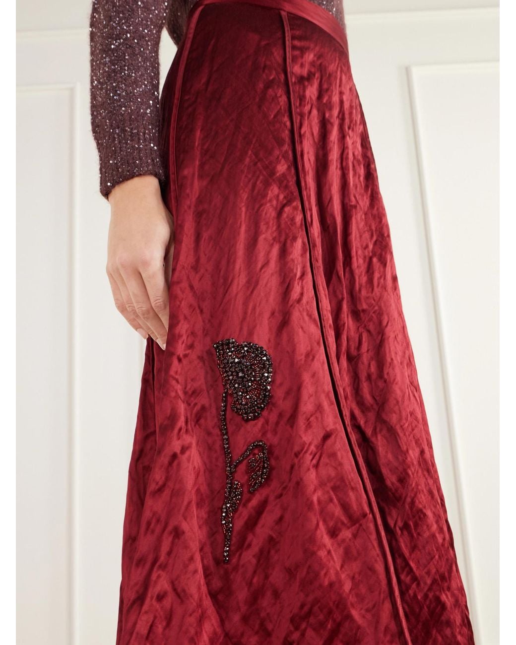 Erdem Red Crystal-Embellished Crinkled-Satin Midi Skirt