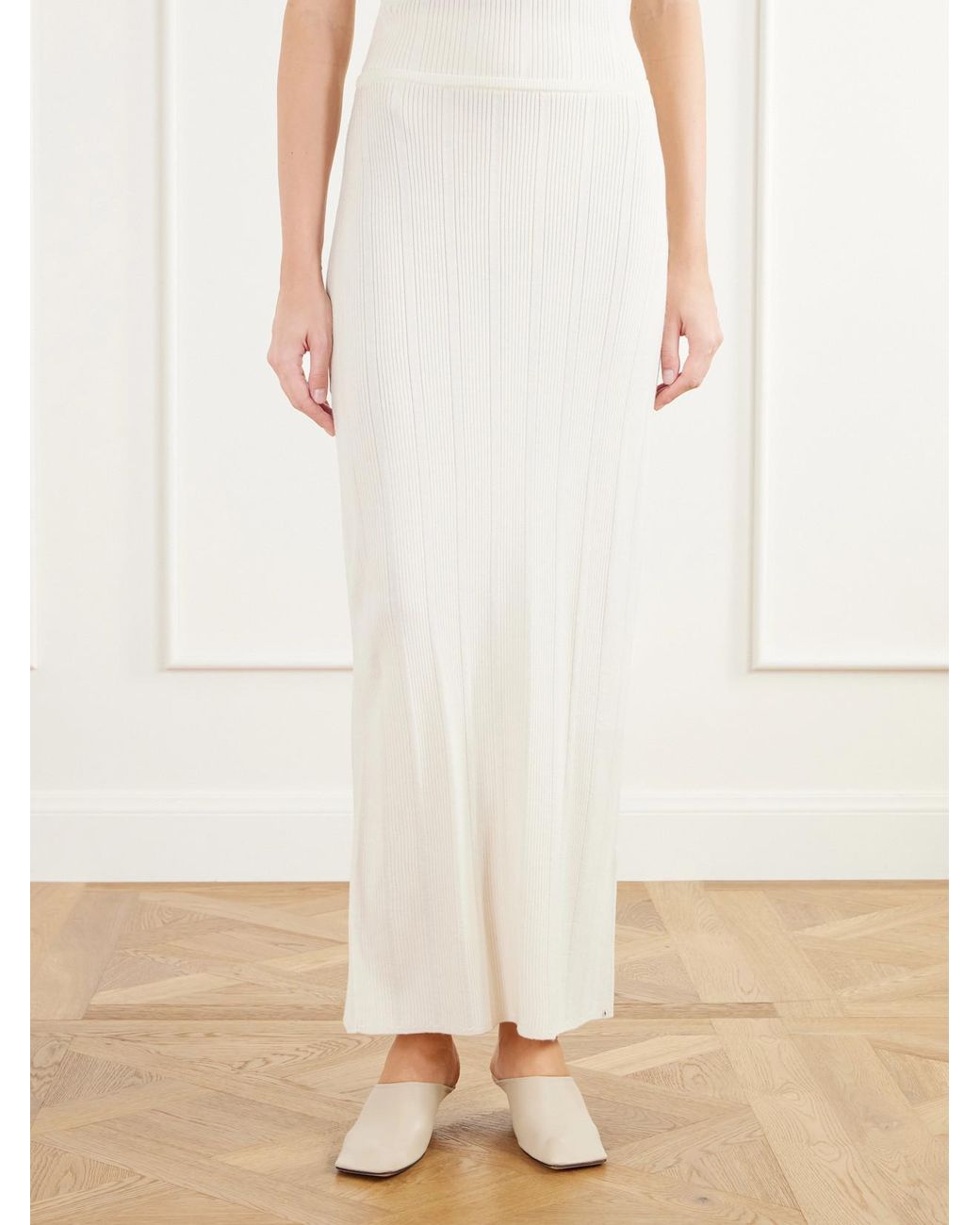 Colleen Allen White Ribbed-Knit Merino Wool Maxi Skirt