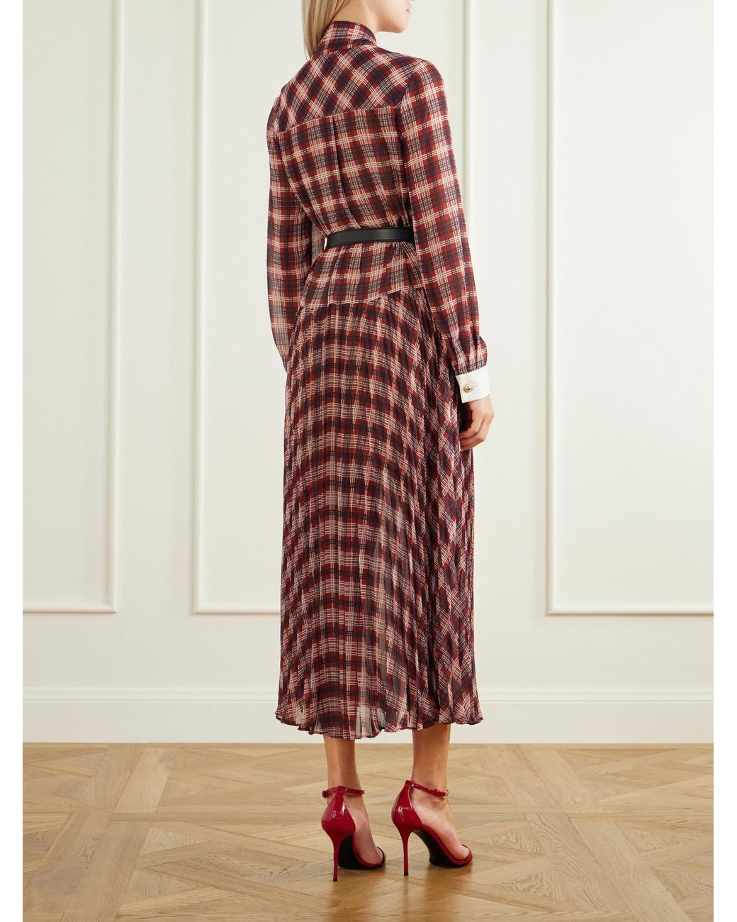 Self-Portrait Red Belted Checked Chiffon Midi Dress