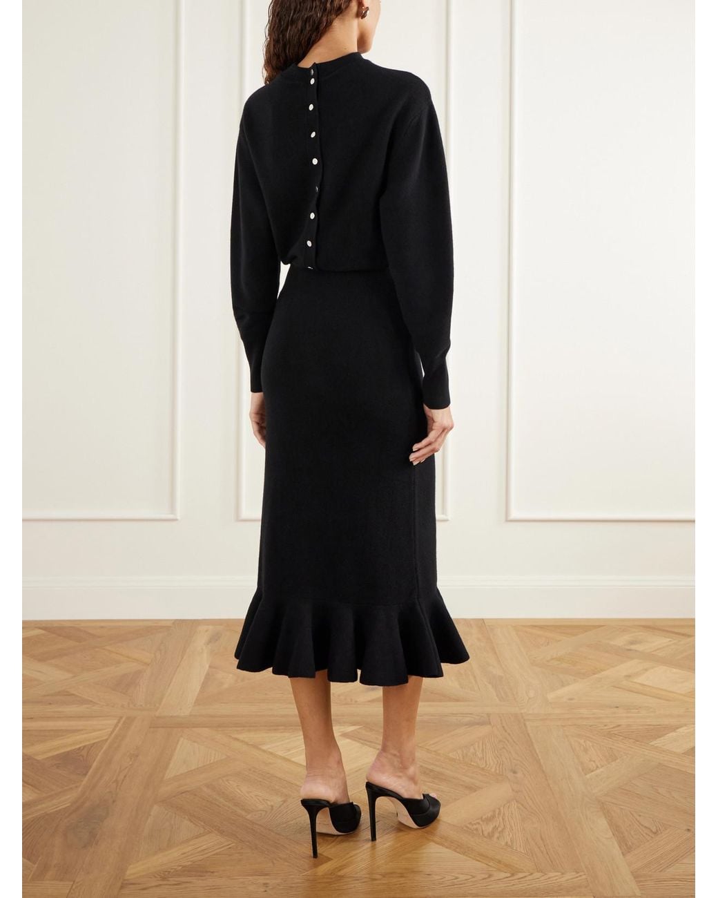 Lanvin Black Peplum Ribbed-Trim Wool And Cashmere-Blend Midi Dress