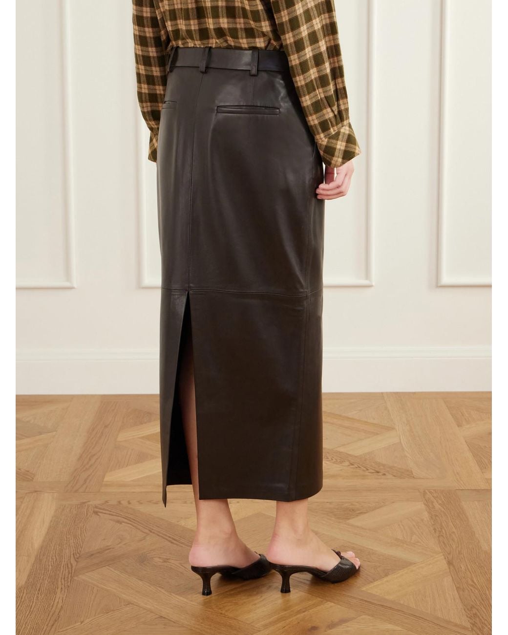 Co. Black Double-Slit Leather Midi Skirt