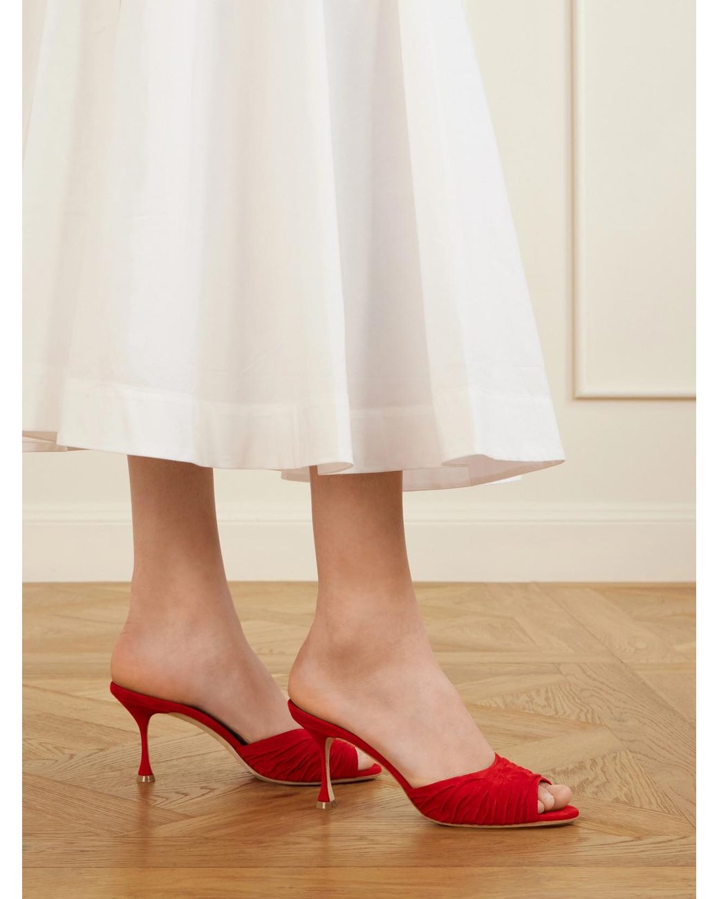 Manolo Blahnik Red Pirua 70 Ruched Suede Mules