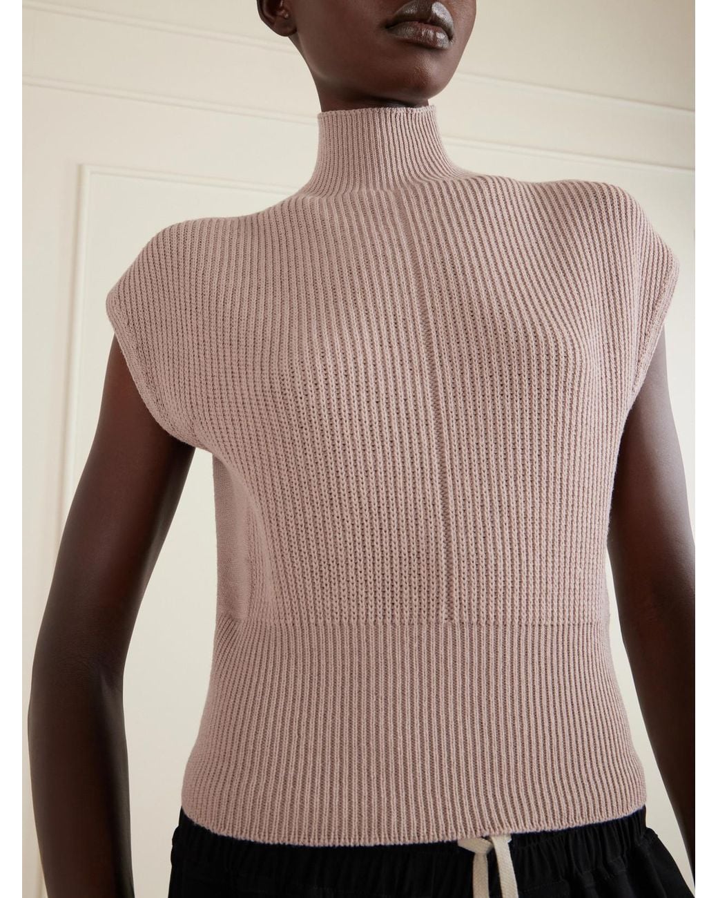 Rick Owens Natural Ribbed Wool Turtleneck Top