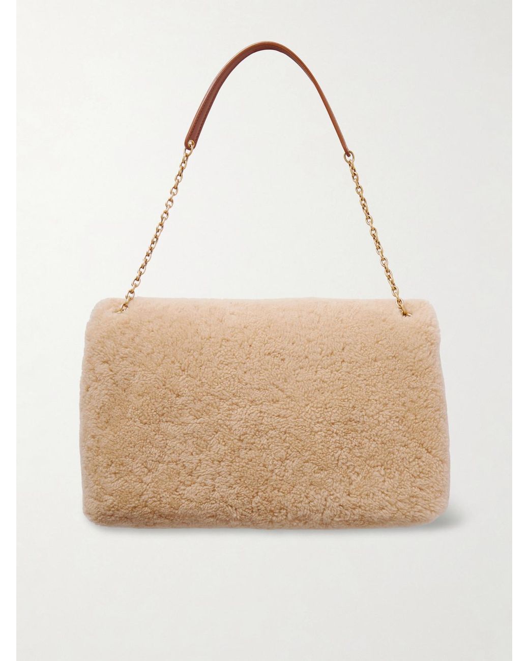 Saint Laurent Natural Cassandre Leather-Trimmed Shearling Shoulder Bag