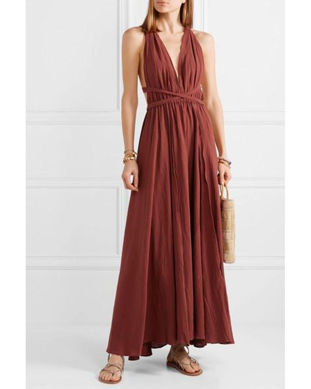 Caravana Hera Leather trimmed Cotton gauze Halterneck Maxi Dress