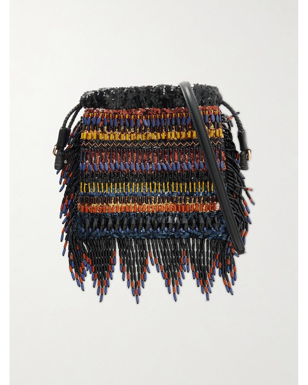 Etro Black Kalispera Fringed Bead-Embellished Leather-Trimmed Sequined Drawstring Bag