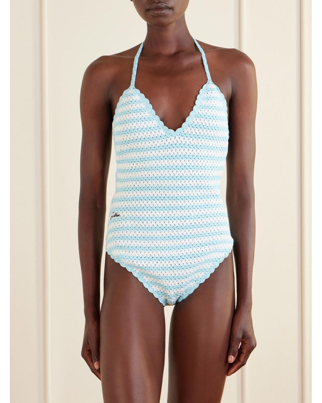 Jonathan Simkhai Blue Karoline Striped Crocheted Swimsuit