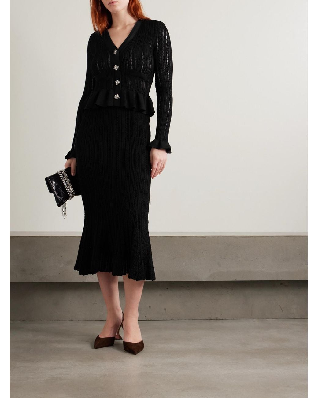 self portrait black knit peplum midi dress self-portrait - Black Lace Insert Peplum Knit Midi Dress