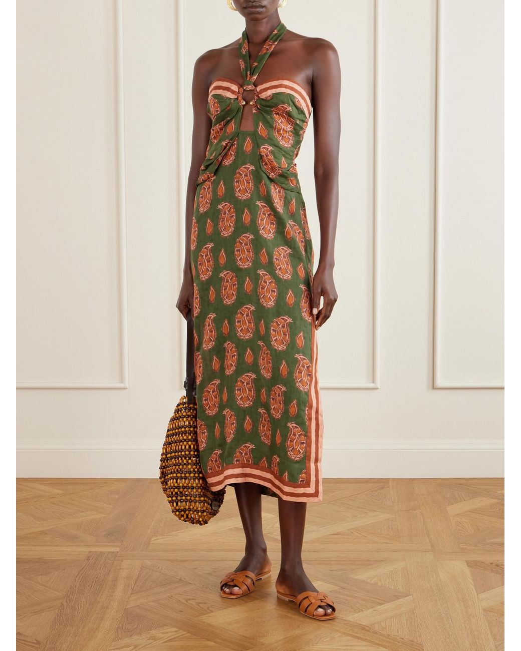 Johanna Ortiz Metallic Desert Heart Embellished Printed Cut-Out Linen Maxi Dress