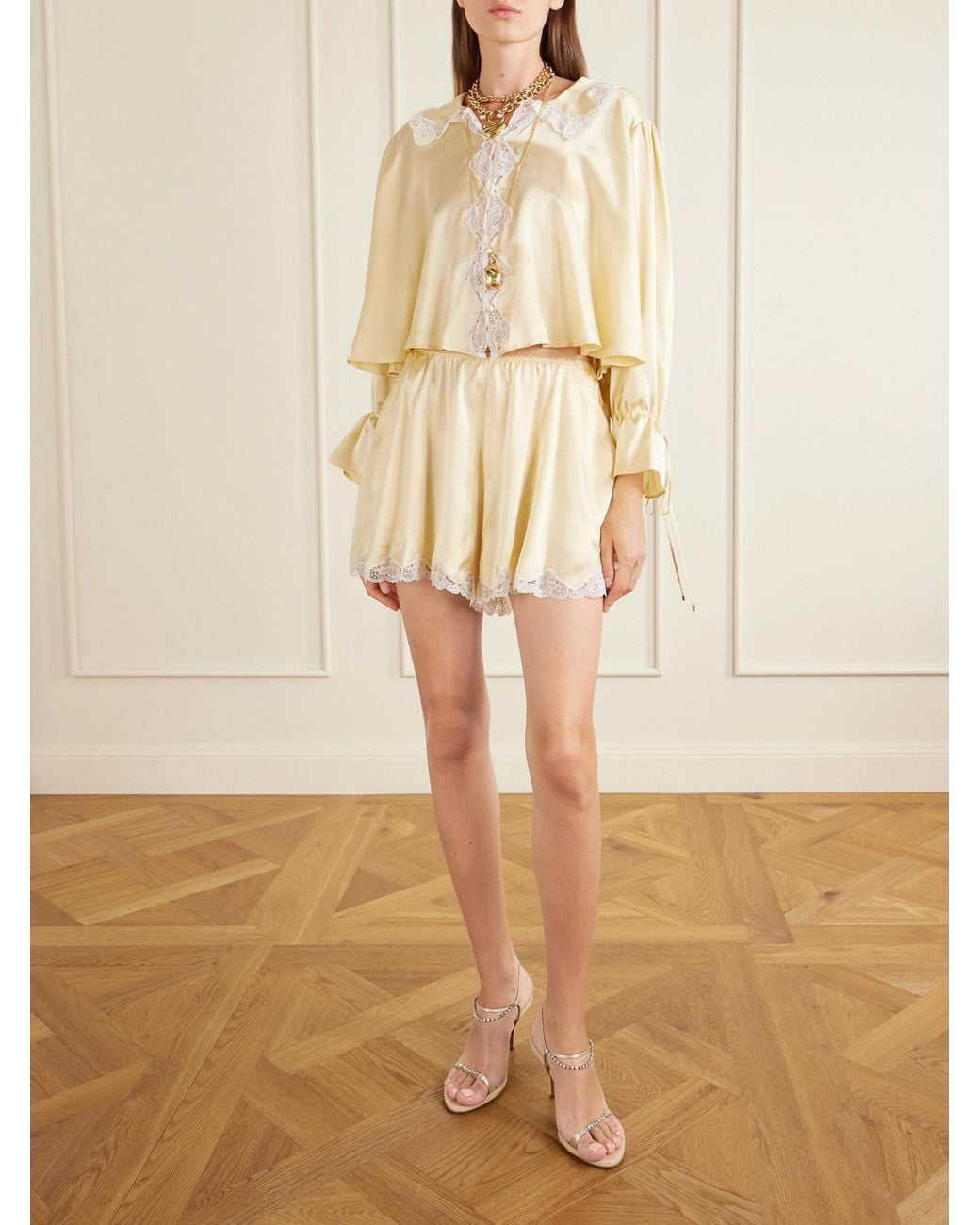Chloé Natural Lace-Trimmed Silk-Satin Shorts