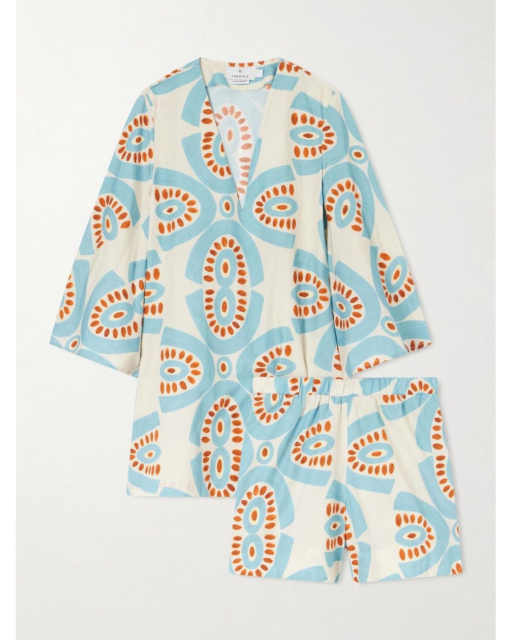Themis Z Blue Thaleia Printed Cotton Blouse And Shorts Set