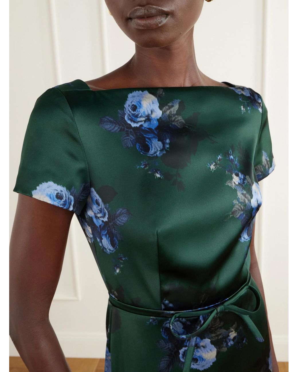 Erdem Green Bow-Detailed Floral-Printed Duchesse-Satin Gown