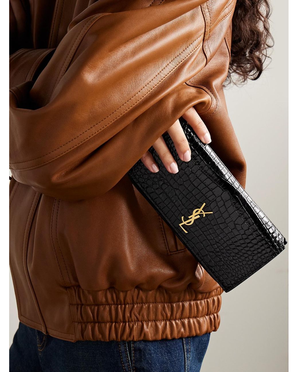 Saint Laurent Black Cassandre Croc-Effect Leather Phone Pouch