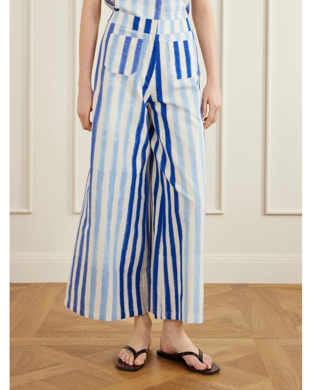 Emporio Sirenuse Blue Striped Wide-Leg Cotton Pants