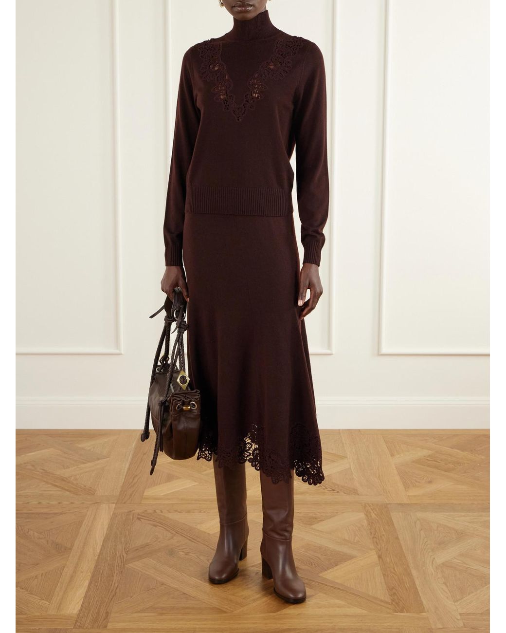 Zimmermann Brown Valiant Lace-Trimmed Wool Turtleneck Sweater
