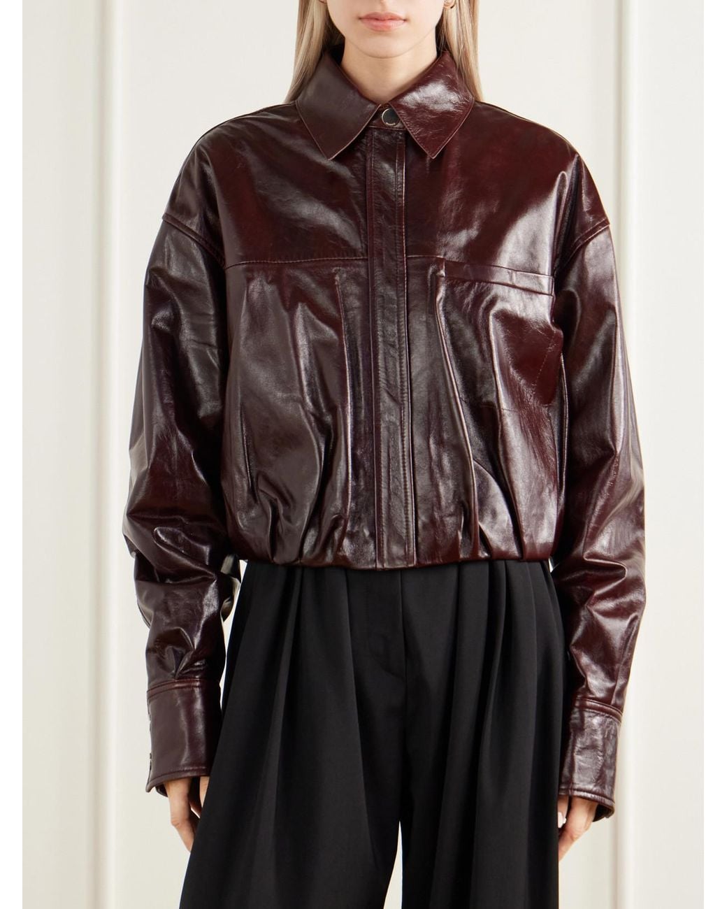 Sportmax Brown Liuti Cropped Gathered Leather Biker Jacket