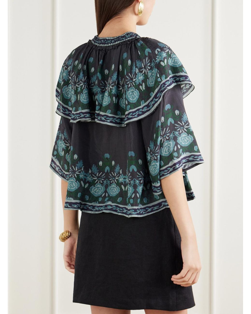 Sea Gray Tulla Cape-Detailed Printed Habotai Blouse