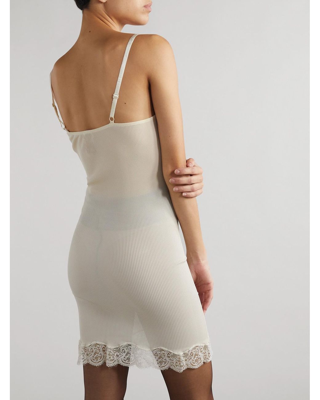 Saint Laurent Lace-Trimmed Ribbed Silk-Jersey Mini Dress in White | Lyst