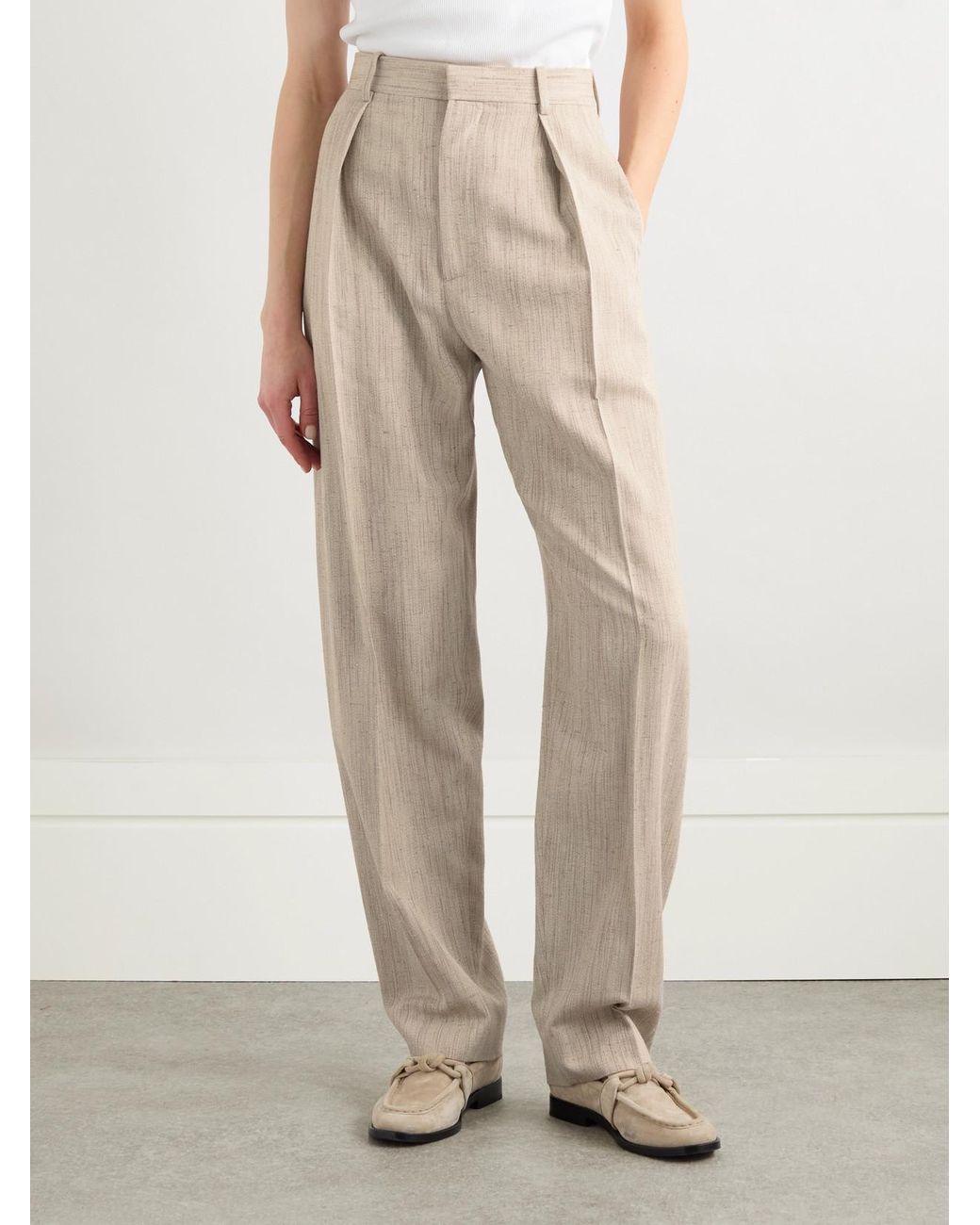 Bottega Veneta Natural Pleated Canvas Tapered Pants