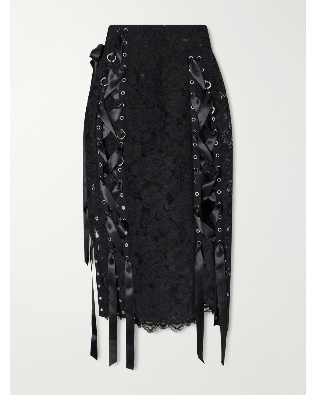 Simone Rocha Black Unraveling Ribbon Ring Asymmetric Embellished Lace And Satin Midi Skirt