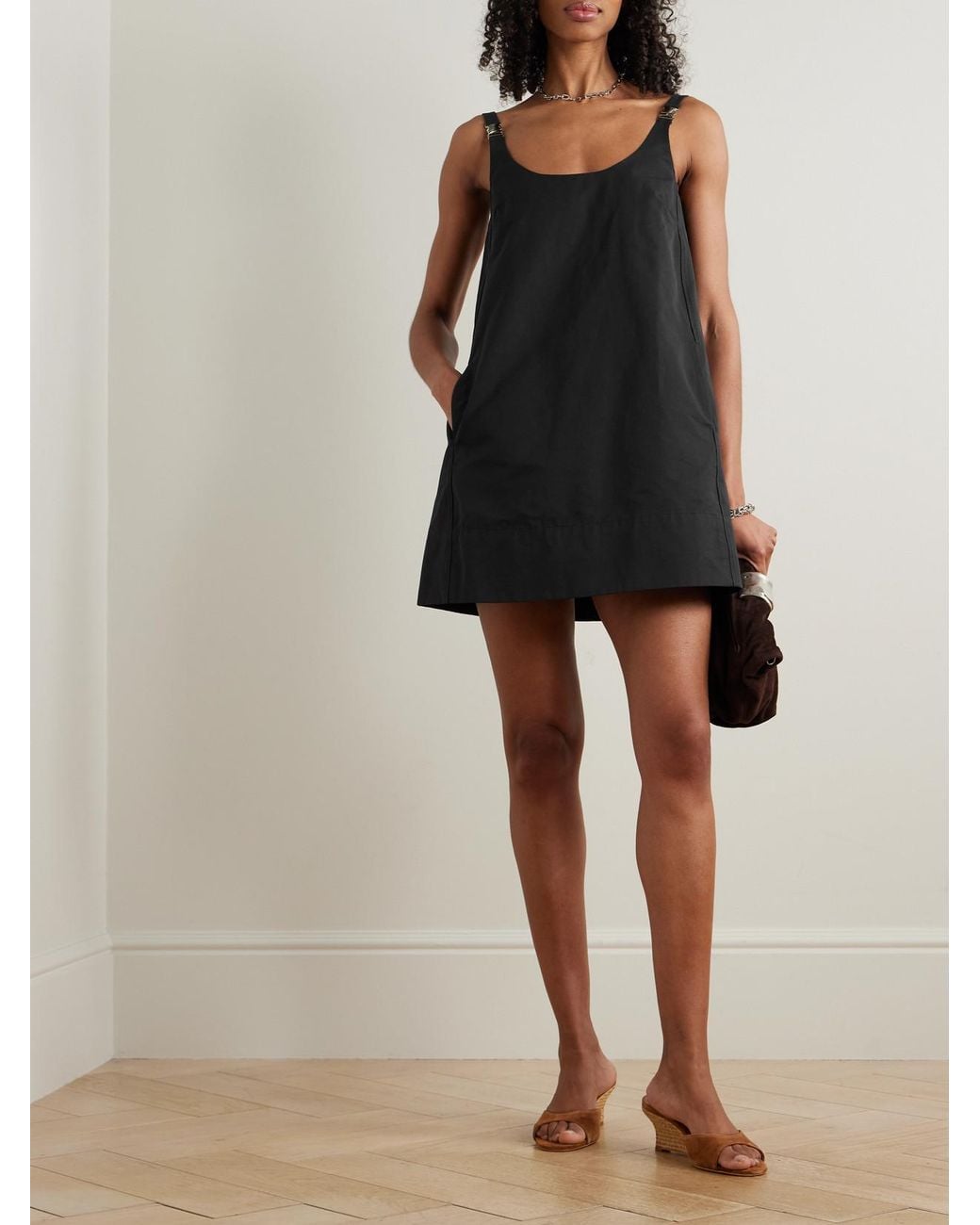 Staud Black Glade Buckled Cotton-Blend Mini Dress