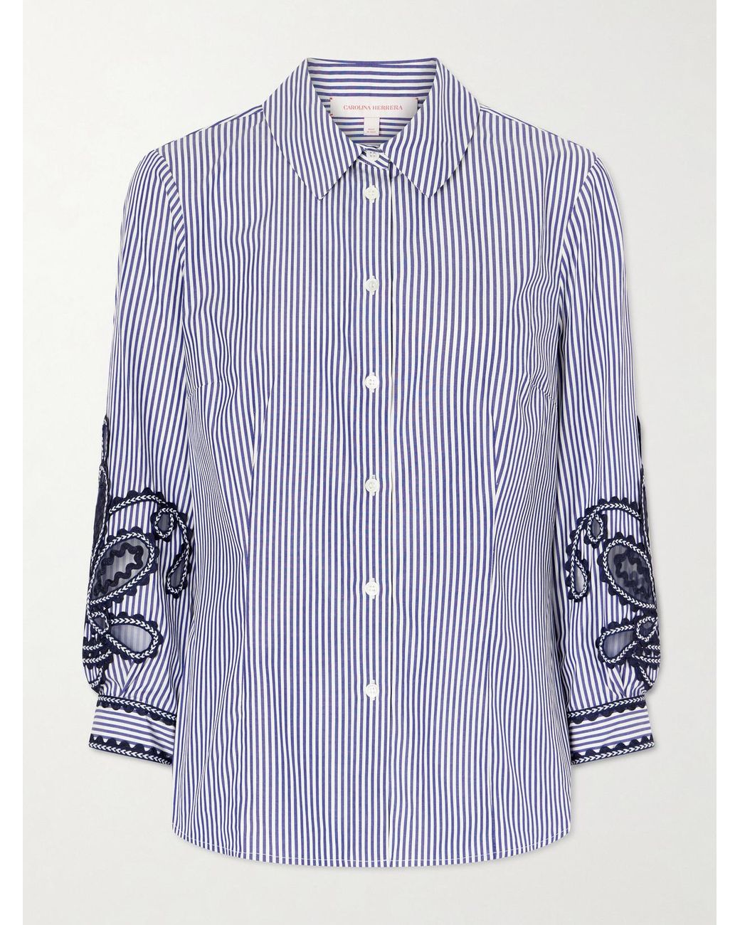 Carolina Herrera Blue Embroidered Striped Cotton-Poplin Shirt