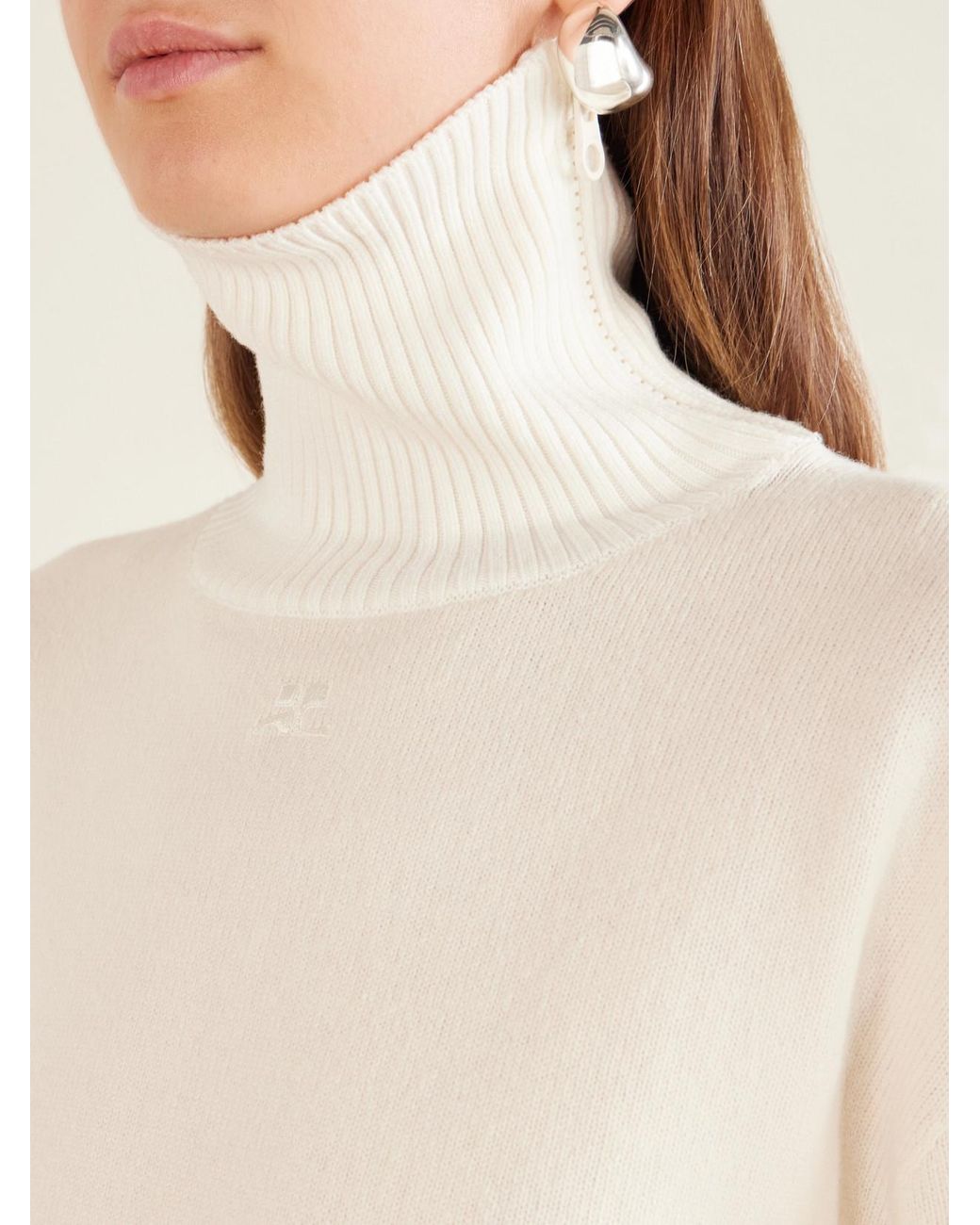 Courreges Natural Logo-Embroidered Ribbed-Knit Wool Sweater