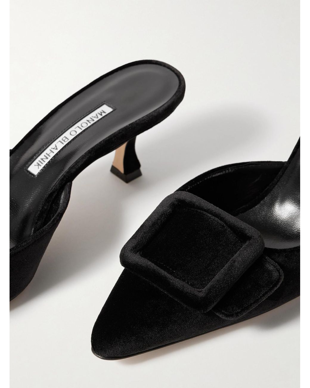 Manolo Blahnik Black Maysale 50 Buckled Velvet Mules