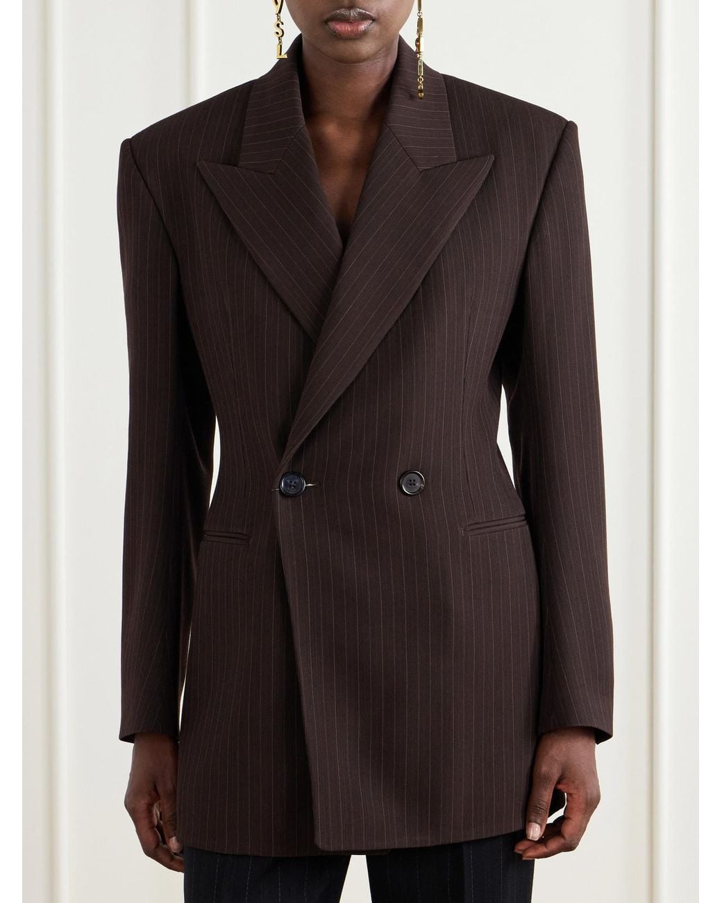Saint Laurent Black Double-Breasted Pinstriped Wool-Blend Blazer