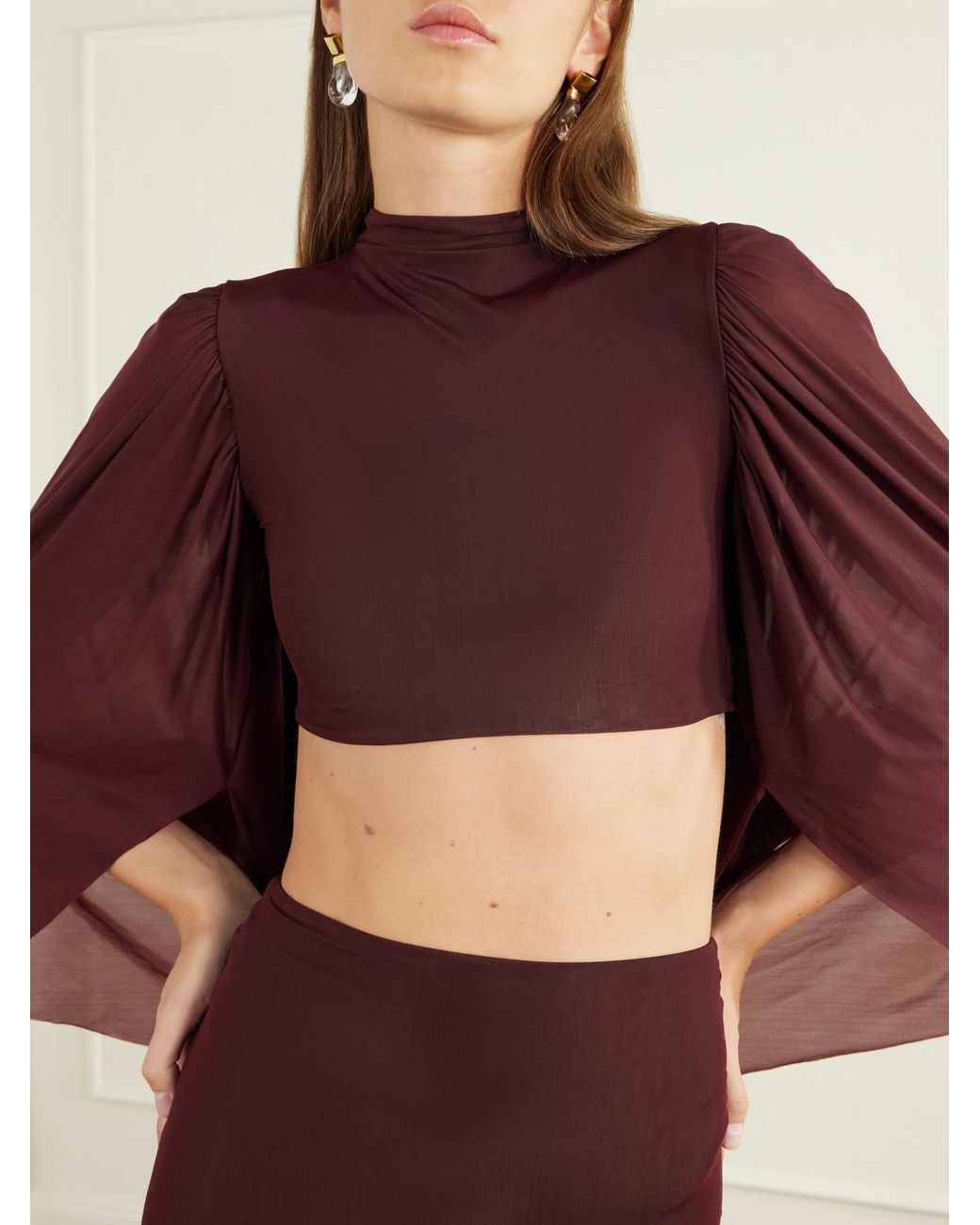 Maygel Coronel Red Apertura Cape-Effect Chiffon-Trimmed Jersey Top And Skirt Set