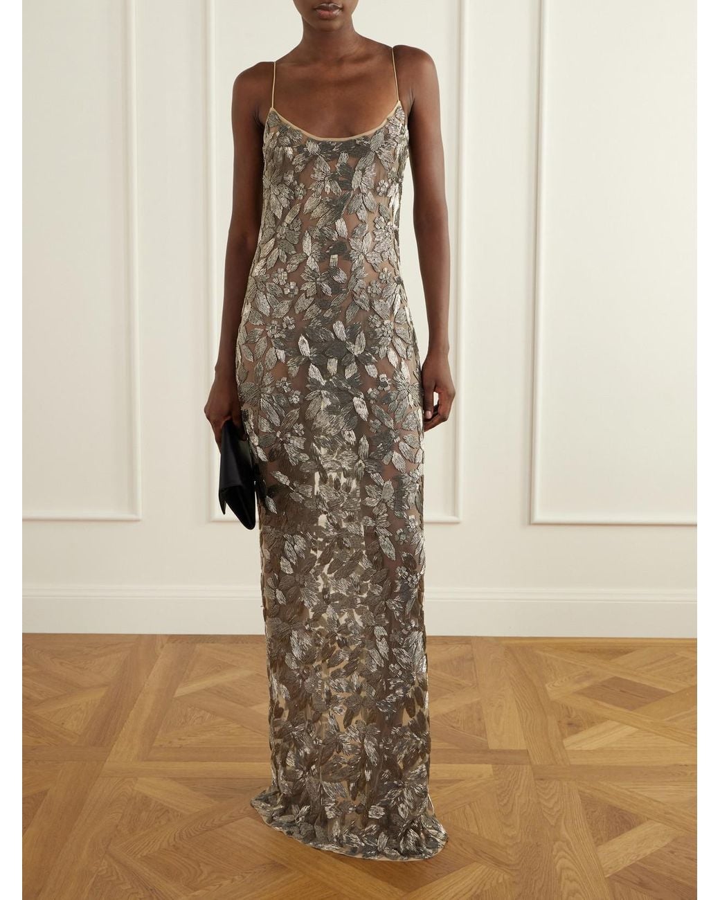 Ilkyaz Ozel Natural Embellished-Tone Organza Gown