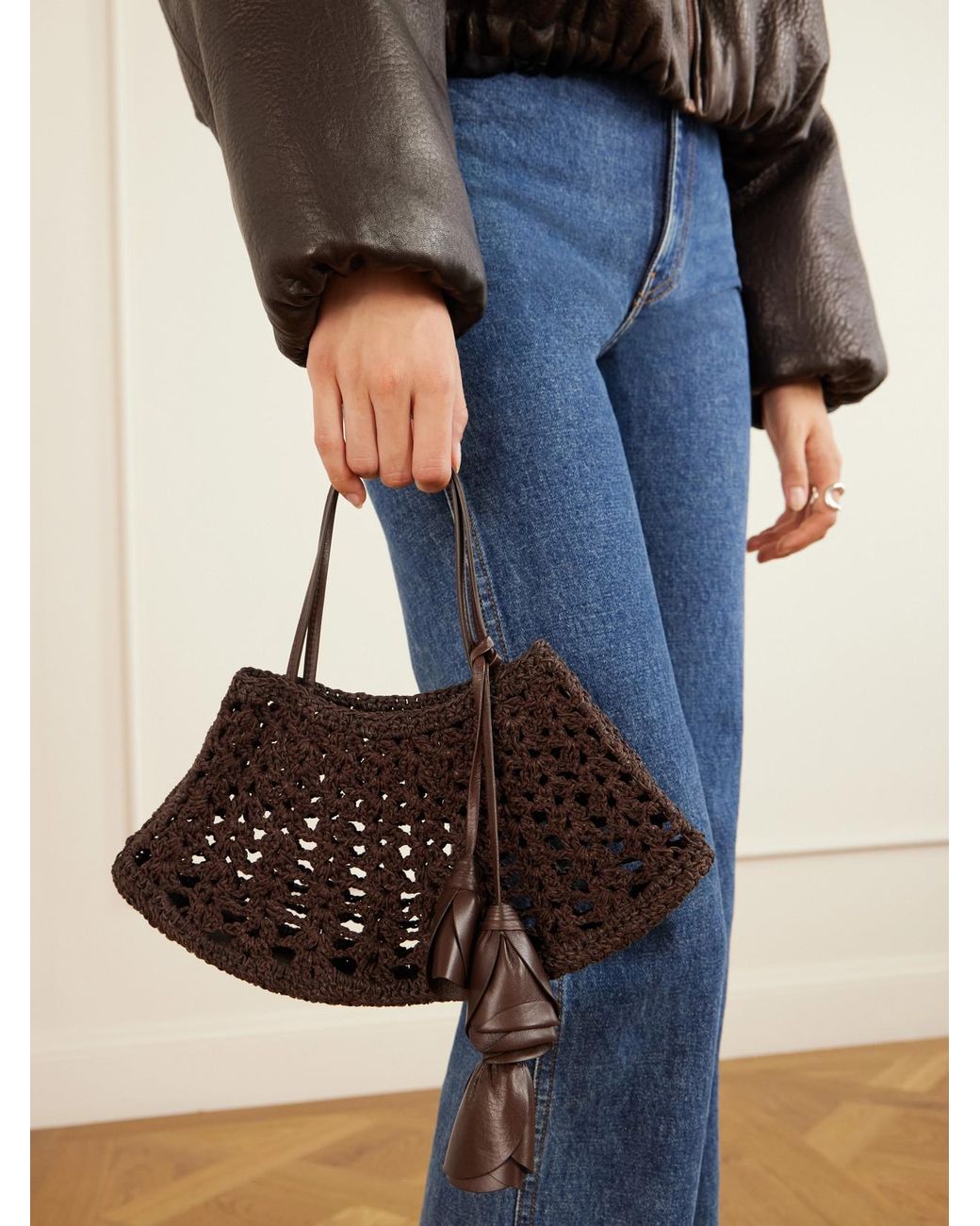 Magda Butrym Brown Maya Mini Leather-Trimmed Crocheted Top-Handle Bag