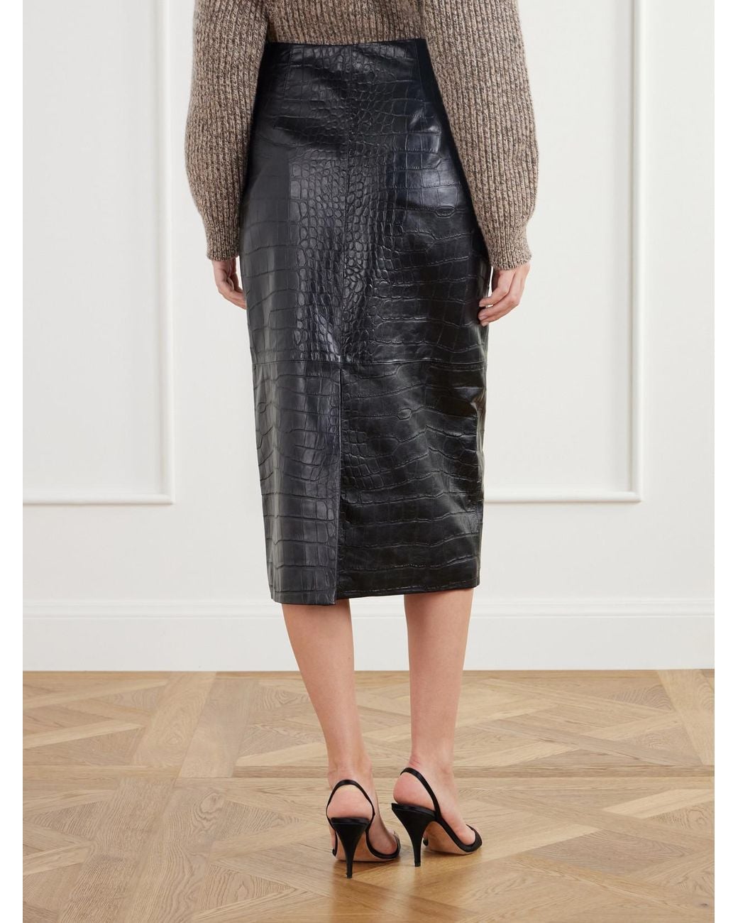 Arma Black Meeka Paneled Croc-Effect Leather Midi Skirt